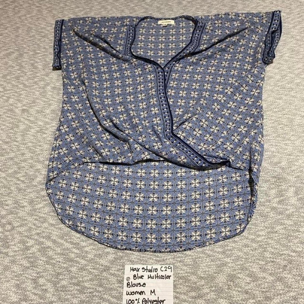 Max Studio Blue Multicolor Blouse Women M white geometric pattern. SKU-C29